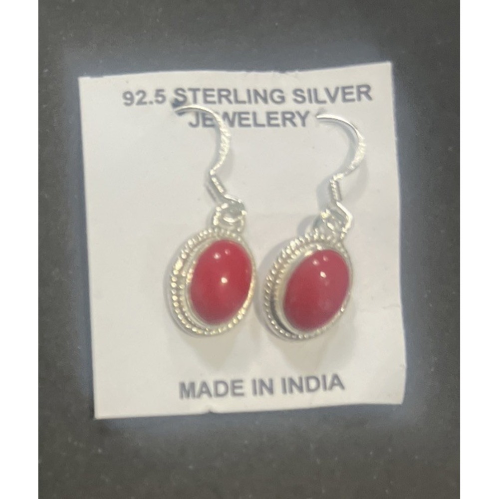 925 stamped Sterling Silver Hanging‎ Drop Red oval Center Weave Accent Earrings